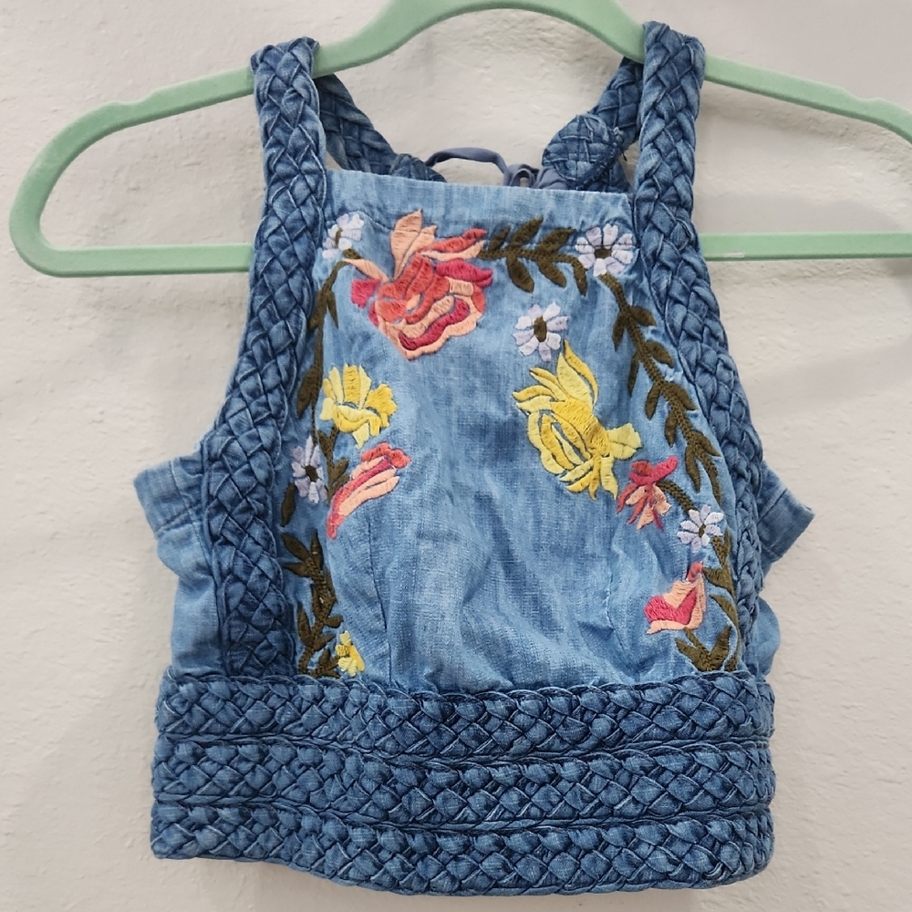 Anthropologie Pilcro Embroidered Chambray Crop Top with Braided Straps XS